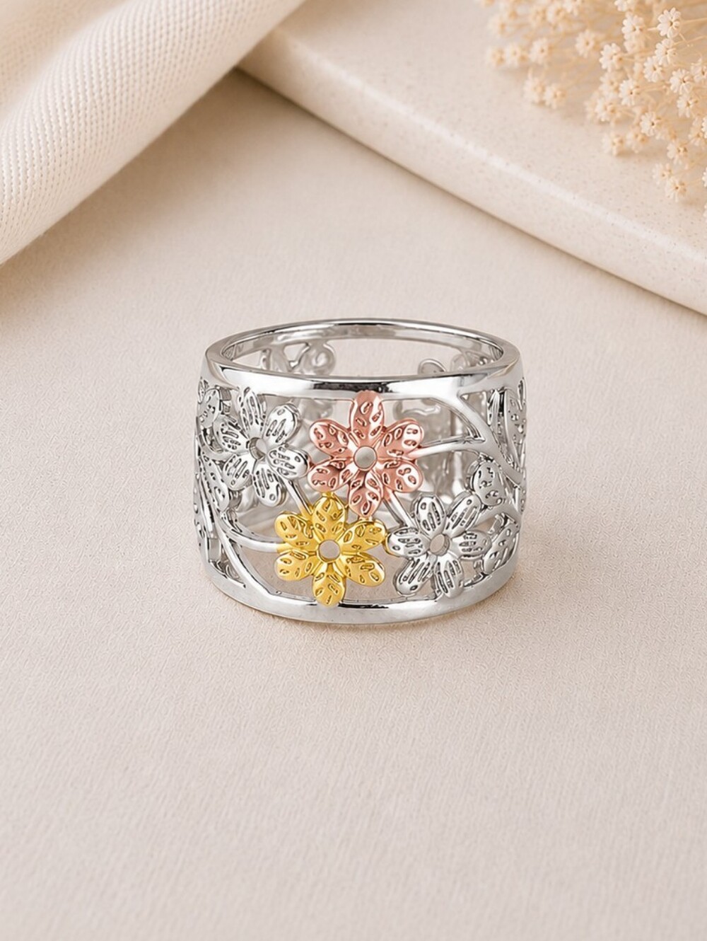 Three Tone Floral Wide Band Ring